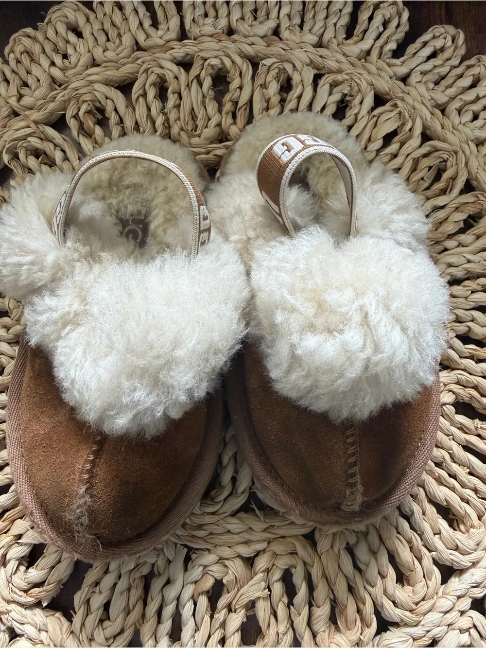 UGG Baby Chestnut Brown Slippers with Cream Fur Trim